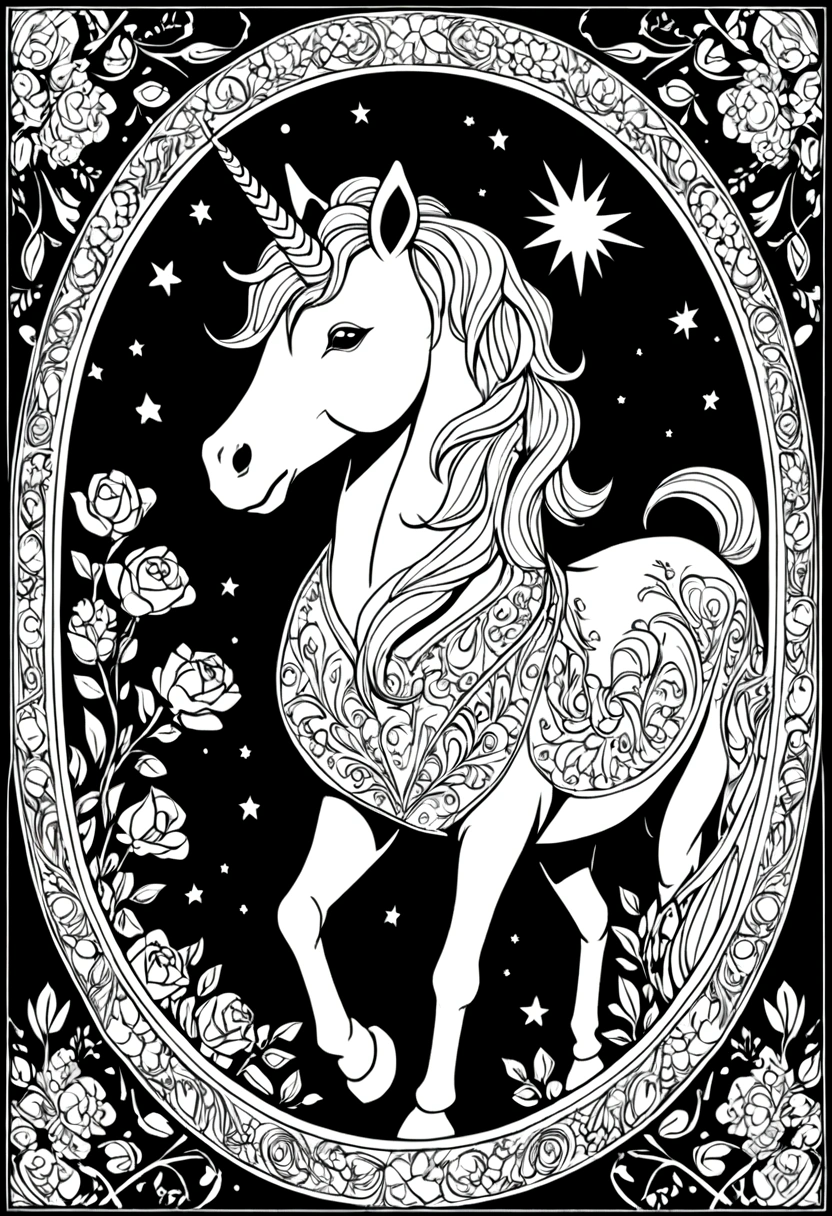 unicorn,Black and white line drawing,Line Art