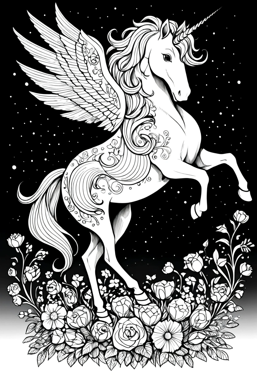 unicorn,Black and white line drawing,Line Art