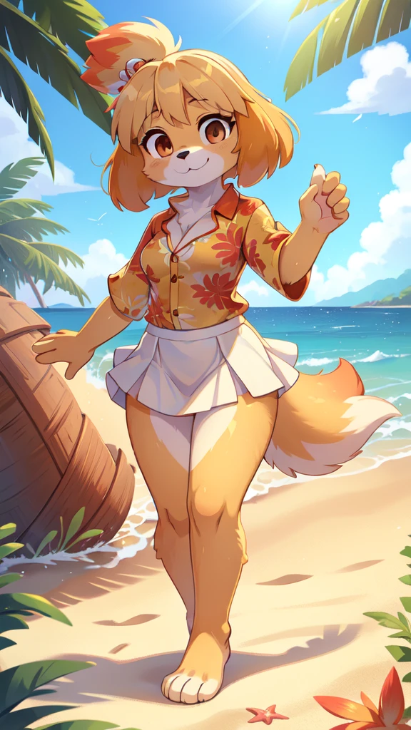 Furry girl, Isabelle, brown eyes, yellow body fur, white body fur, black nose, yellow hair, spread bangs, full body, detailed body fur, detailed body, detailed eyes, glistering body, shiny body, gorgeous body, masterpiece, feets whit three toes, ((red hawaiian shirt, white skirt)), beach, clear sky,
