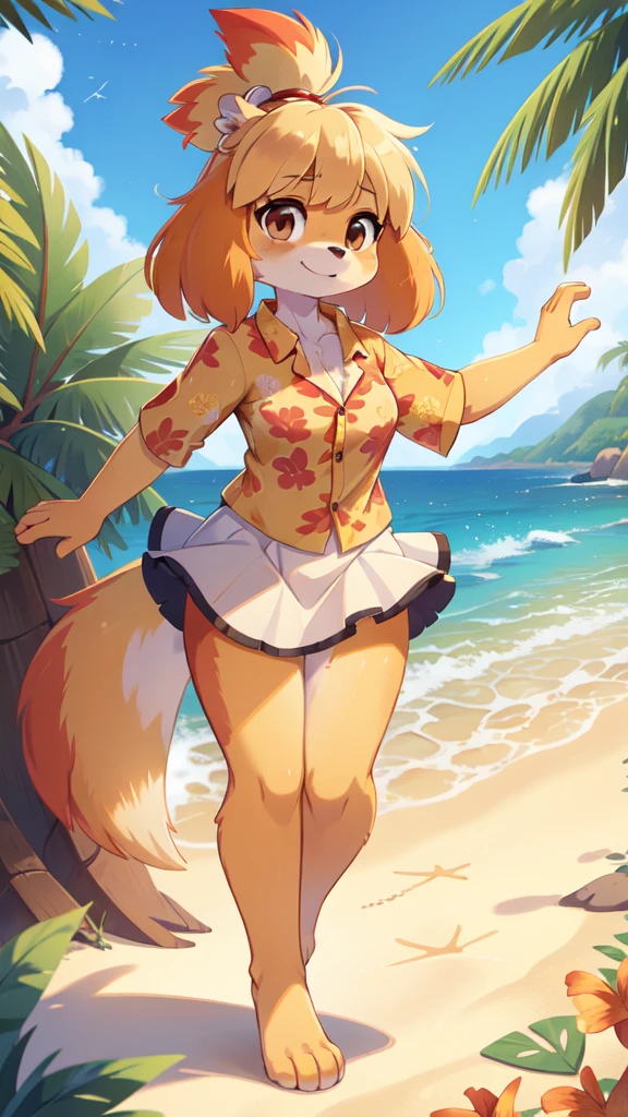 Furry girl, Isabelle, brown eyes, yellow body fur, white body fur, black nose, yellow hair, spread bangs, full body, detailed body fur, detailed body, detailed eyes, glistering body, shiny body, gorgeous body, masterpiece, feets whit three toes, ((red hawaiian shirt, white skirt)), beach, clear sky,