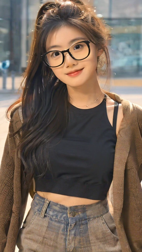 Cute dark skin toned Chinese girl wearing glasses, extremely high detailed beige jeans, detailed ,crop top 