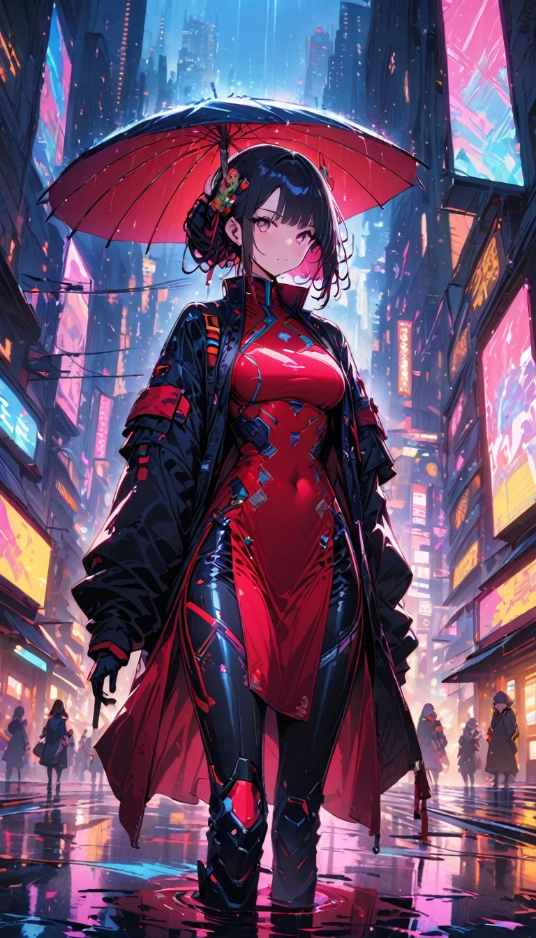 (Best Quality), (super fine), (Masterpiece), illustration, 一个女孩China suit賽博朋克, (holding an umbrella),(cyberpunk,China suit,cybernetic implants),Hair Accessories, bright colors,dynamic lighting,neon lights,Glowing city skyline,Holographic projection,Fashionable clothes and shoes of the future.,A combination of traditional and modern elements.,avant-garde makeup,Exquisite hairstyle,Confidence and determination,City environment,Downpour,Reflection on the slippery road,metallic feel,mechanical armor, gorgeous accessories,High-tech products,Impressive cyber improvements,clear focus,twisted details, Overclocked rendering, cinematic edge light, Fine light, Masterpiece, Super details, epic work, ultra high definition, high quality, 32k