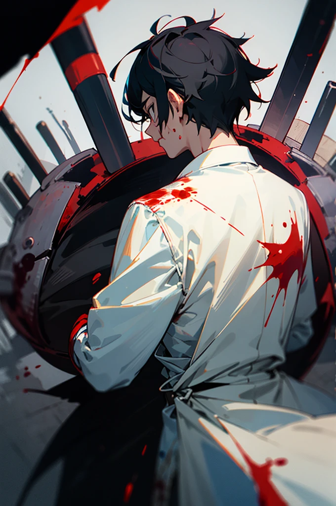 best quality，Black Hair，Doctor coat，Cold Blooded，Killer，scalpel，Dark Background，Uncle，Vicissitudes，male，blood，Back，Handsome
