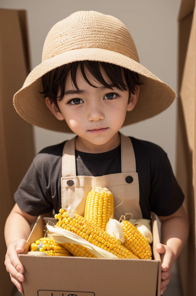 Create a boy in a hat and corn outfit holding a box