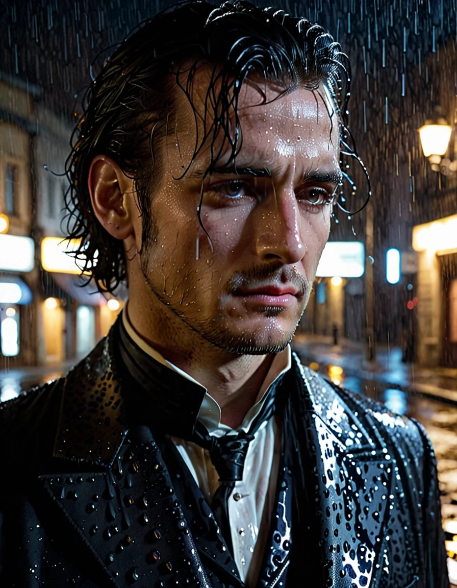 A Handsome gothic man stands alone in the rain at night in a dynamic pose. His expression is sorrowful, his eyes reflecting deep sadness. The scene is dark and moody, with rain droplets softly blurred in the background. His pale skin contrasts sharply with his long dark, wet hair that clings to his face. he's wearing a 18th century black suit with intricate patterns. The focus is sharply on his face, capturing the intricate details of his melancholic expression, while the background remains out of focus, enhancing the sense of isolation and depth. The soft glow of distant streetlights barely illuminates him, adding a mysterious and ethereal atmosphere to the scene.