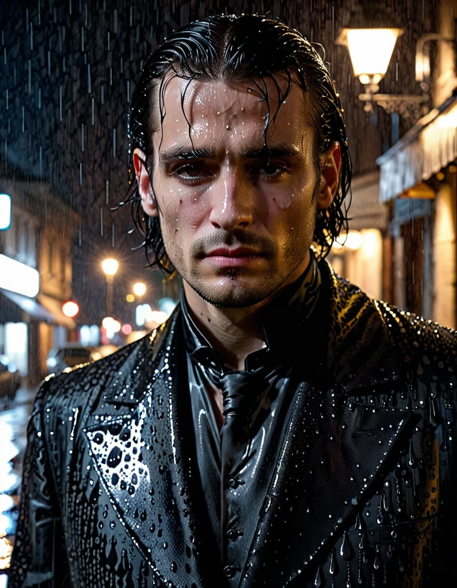 A Handsome gothic man stands alone in the rain at night in a dynamic pose. His expression is sorrowful, his eyes reflecting deep sadness. The scene is dark and moody, with rain droplets softly blurred in the background. His pale skin contrasts sharply with his long dark, wet hair that clings to his face. he's wearing a 18th century black suit with intricate patterns. The focus is sharply on his face, capturing the intricate details of his melancholic expression, while the background remains out of focus, enhancing the sense of isolation and depth. The soft glow of distant streetlights barely illuminates him, adding a mysterious and ethereal atmosphere to the scene.
