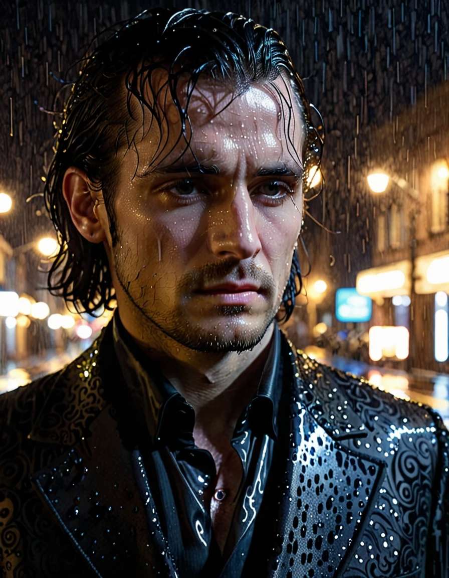 
A Handsome gothic man stands alone in the rain at night in a dynamic pose. His expression is sorrowful, his eyes reflecting deep sadness. The scene is dark and moody, with rain droplets softly blurred in the background. His pale skin contrasts sharply with his long dark, wet hair that clings to his face. he's wearing a 18th century black suit with intricate patterns. The focus is sharply on his face, capturing the intricate details of his melancholic expression, while the background remains out of focus, enhancing the sense of isolation and depth. The soft glow of distant streetlights barely illuminates him, adding a mysterious and ethereal atmosphere to the scene.