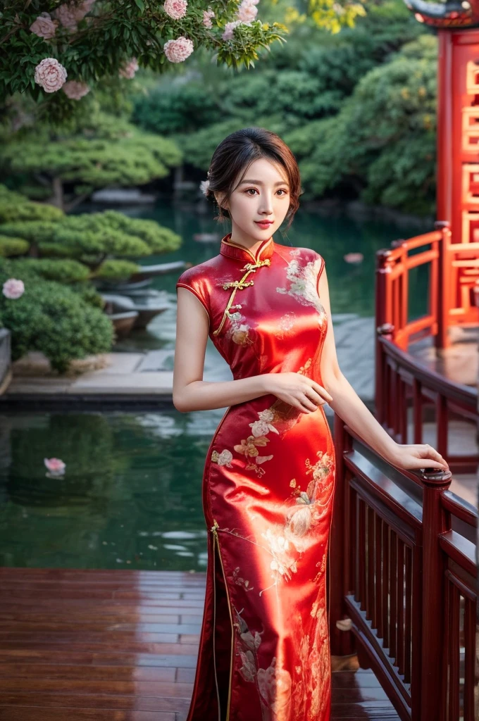 Create a highly detailed and elegant Cheongsam (Qipao) design. The dress should feature intricate floral embroidery, traditional Chinese patterns, and a high collar. The fabric should be silky and glossy, with a rich, deep red color that symbolizes good fortune. Add gold accents and trim to enhance the luxurious feel. The Cheongsam should be form-fitting, highlighting the wearer's figure gracefully, with side slits for ease of movement. Include delicate buttons along the side and an overall sophisticated, timeless look. 

Place the model wearing the Cheongsam in a beautiful background setting. The background should feature a traditional Chinese garden with blooming cherry blossoms, a tranquil pond with koi fish, and a graceful arched bridge. Add elements like lanterns hanging from trees and a pagoda in the distance to complete the scene. Ensure the lighting is soft and warm, creating a serene and enchanting atmosphere.
