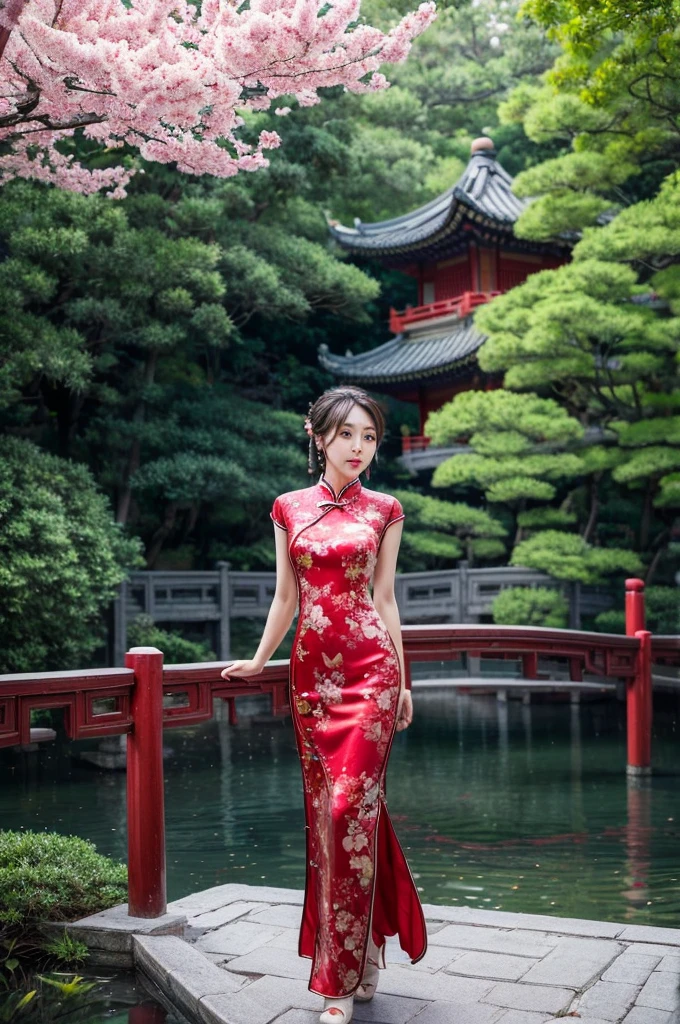 Create a highly detailed and elegant Cheongsam (Qipao) design. The dress should feature intricate floral embroidery, traditional Chinese patterns, and a high collar. The fabric should be silky and glossy, with a rich, deep red color that symbolizes good fortune. Add gold accents and trim to enhance the luxurious feel. The Cheongsam should be form-fitting, highlighting the wearer's figure gracefully, with side slits for ease of movement. Include delicate buttons along the side and an overall sophisticated, timeless look.
Place the model wearing the Cheongsam in a beautiful background setting. The background should feature a traditional Chinese garden with blooming cherry blossoms, a tranquil pond with koi fish, and a graceful arched bridge. Add elements like lanterns hanging from trees and a pagoda in the distance to complete the scene. Ensure the lighting is soft and warm, creating a serene and enchanting atmosphere.