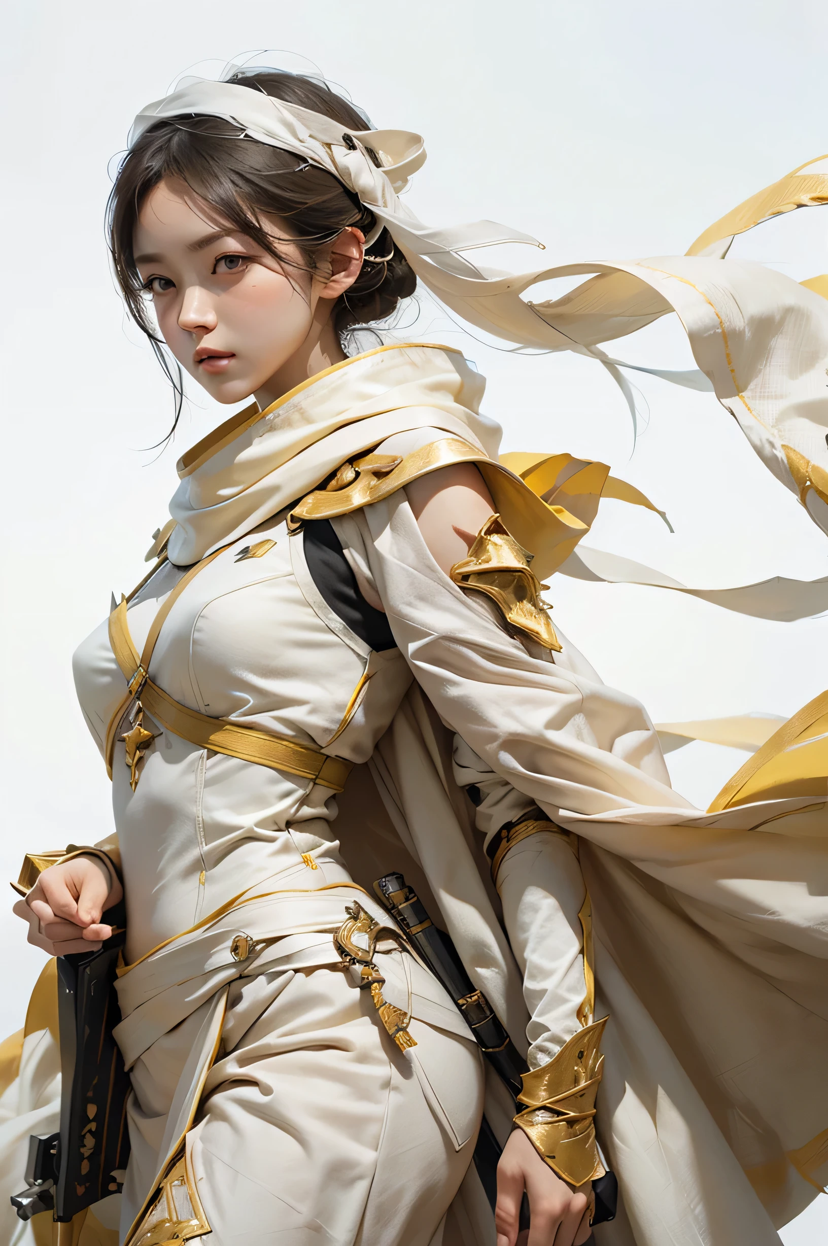 Female Assassin Yellow and white Cloth design, detailed fabrics, Whole Body, on white background (natural skin texture, hyperrealism, soft light, sharp)