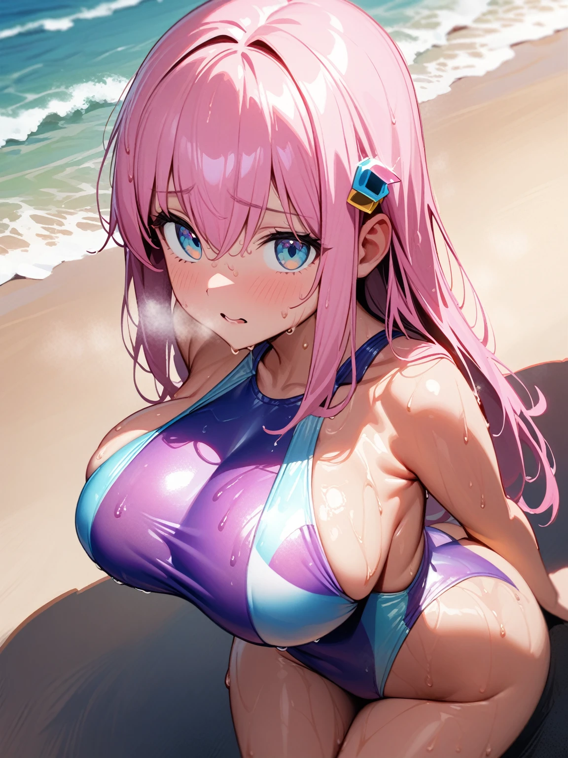 (nsfw,)(gotoh hitori,pink hair,hair ornament),((solo girl)),((Perfect body,))((Super beautiful,))((High quality,))((Heavy breathing,sweat, Sweaty and wet all over,)),backlit,shiny glossy,big breast, Looking at Viewer,((Beach side,sexual swimsuit, cowboy shot,)),shyly,nipple,(Show off your crotch by opening your crotch in a crouching posture,)squatting and straddling,After sunburn,((Turning your back to me, sticking out your butt,))((She turns around with her back to me, sticking out her butt,from back view,Directly behind,))