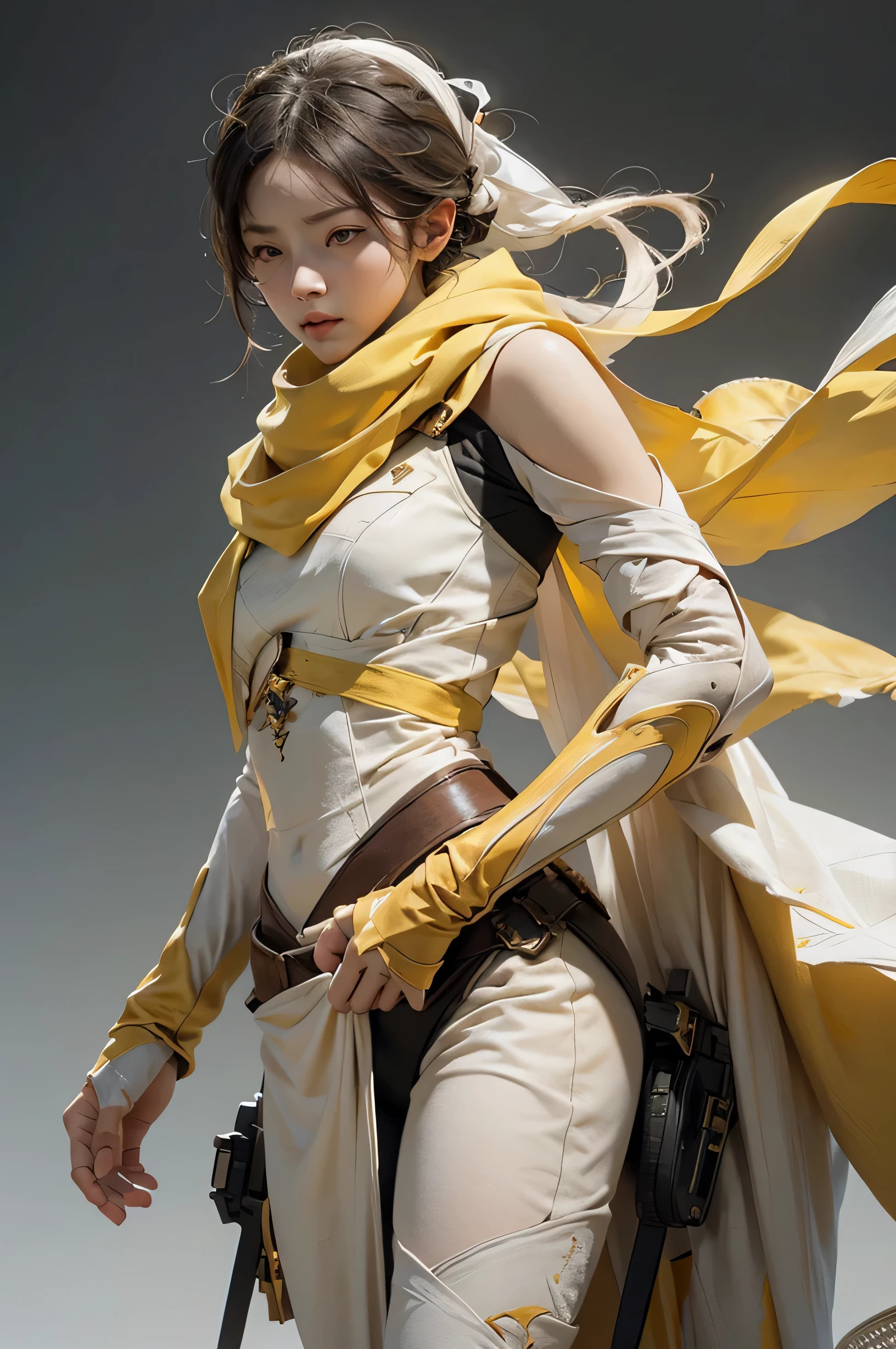Female Assassin Yellow and white Cloth design, detailed fabrics, Whole Body, on white background (natural skin texture, hyperrealism, soft light, sharp)