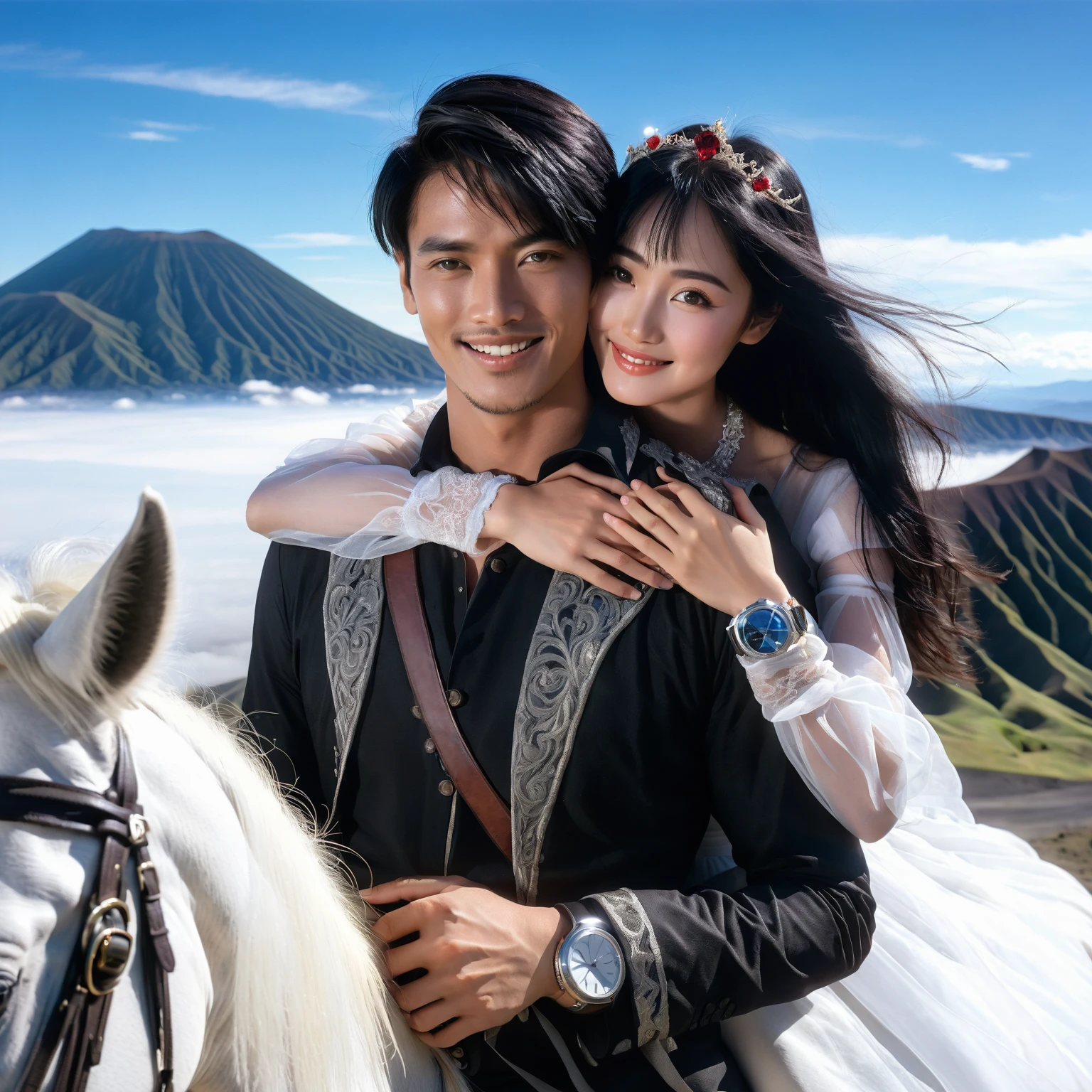 Indonesian romantic couple; man with short black hair; woman with long straight black hair, watch, wearing romeo and juliet outfit riding a white horse on Mount Bromo Mountain Indonesia, stunning surrealist view of the Mountain, lens flare, wind breeze, stunning depictation blue sky, smiling, beautiful romantic pose, hugging tight, look like a romeo and juliet, facing the camera, Fullshot, long distance lens, Taken using Sony Alpha α7CR, photorealistic, 1536px, high quality.