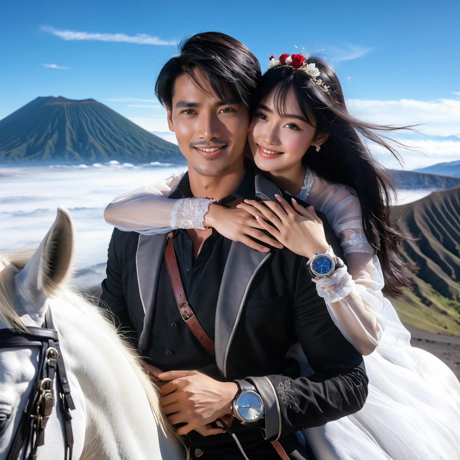 Indonesian romantic couple; man with short black hair; woman with long straight black hair, watch, wearing romeo and juliet outfit riding a white horse on Mount Bromo Mountain Indonesia, stunning surrealist view of the Mountain, lens flare, wind breeze, stunning depictation blue sky, smiling, beautiful romantic pose, hugging tight, look like a romeo and juliet, facing the camera, Fullshot, long distance lens, Taken using Sony Alpha α7CR, photorealistic, 1536px, high quality.