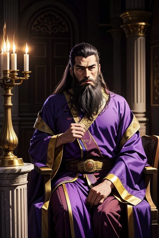 semi realistic anime, sixty year old imperious king with a well trimmed beard, the king is wearing purple and gold robes and is in a room with marble pillars