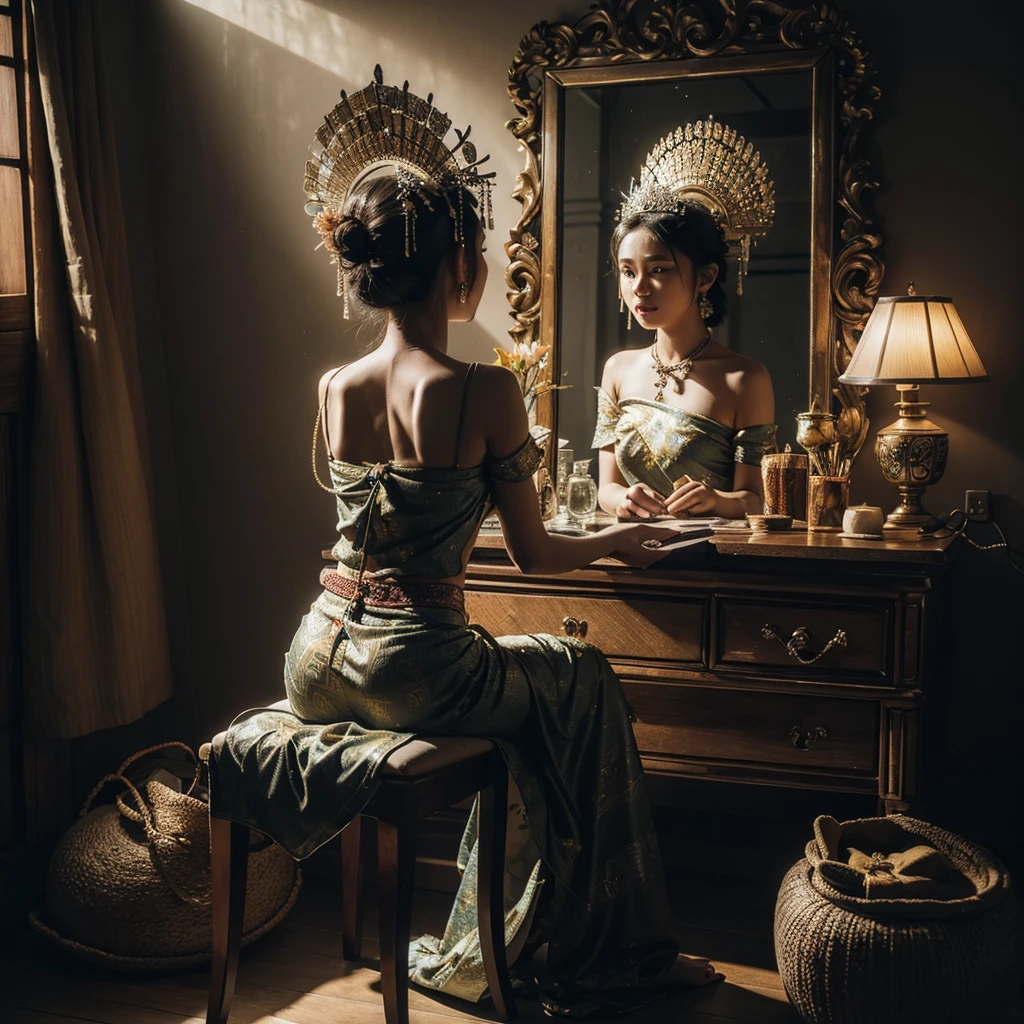 hyper realistic photography (((ultra detailed object))) shade backlight lighting treatment naturally, a girl wearing traditional bali`s pendet dancer clothes & batik sarong sit down looking at mirror ((there`s her reflection on mirror)) at her modest beauty desk (she is holding her traditional tiara) she is looking at the mirror preparing for her show performance, on her room at traditional indonesian home, show back of her body, dark dramatic mood, 1 source of light a tungsten lamp on the corner