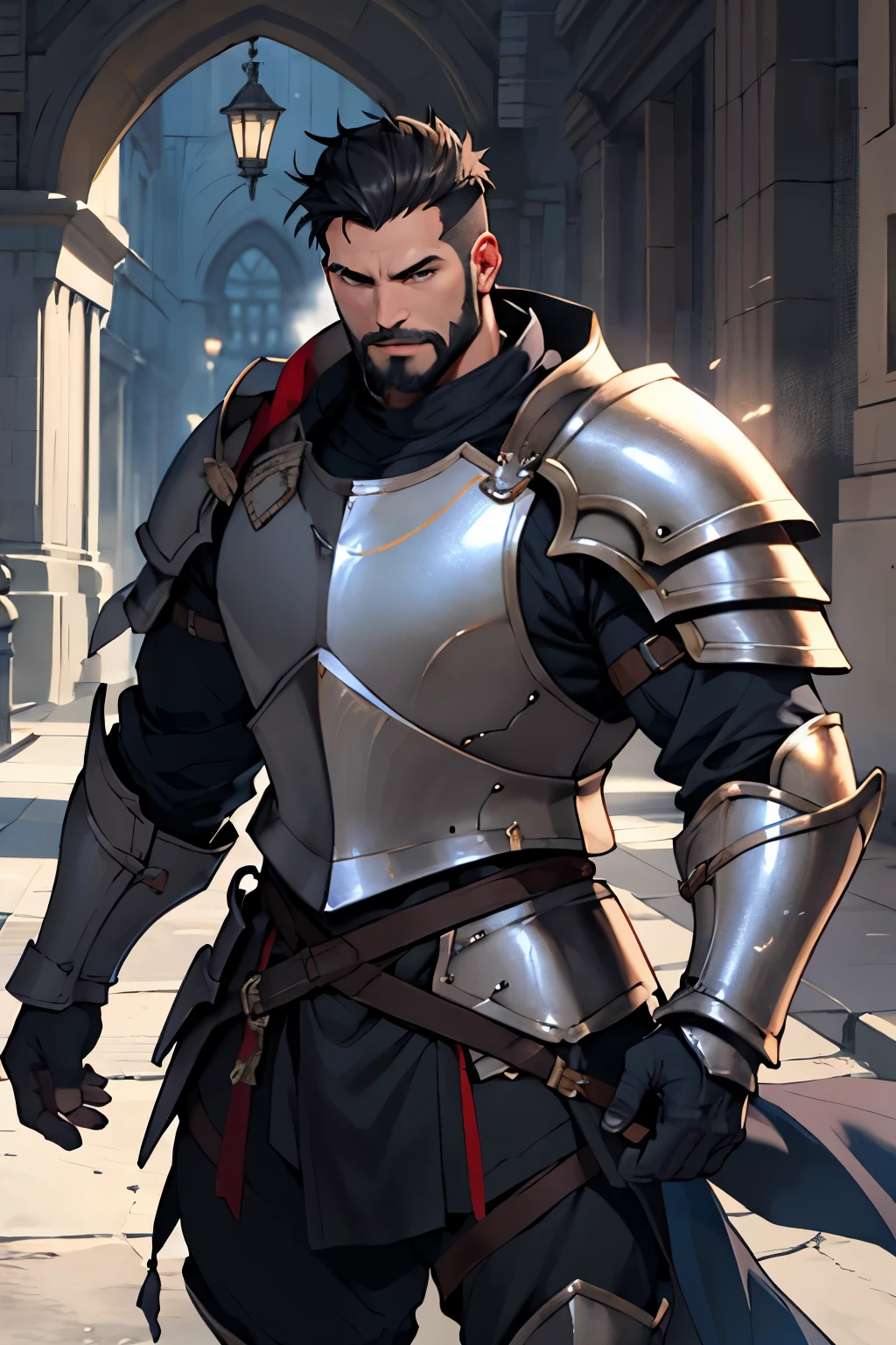 paladin with heavy armor, black extra short haired , black beard,