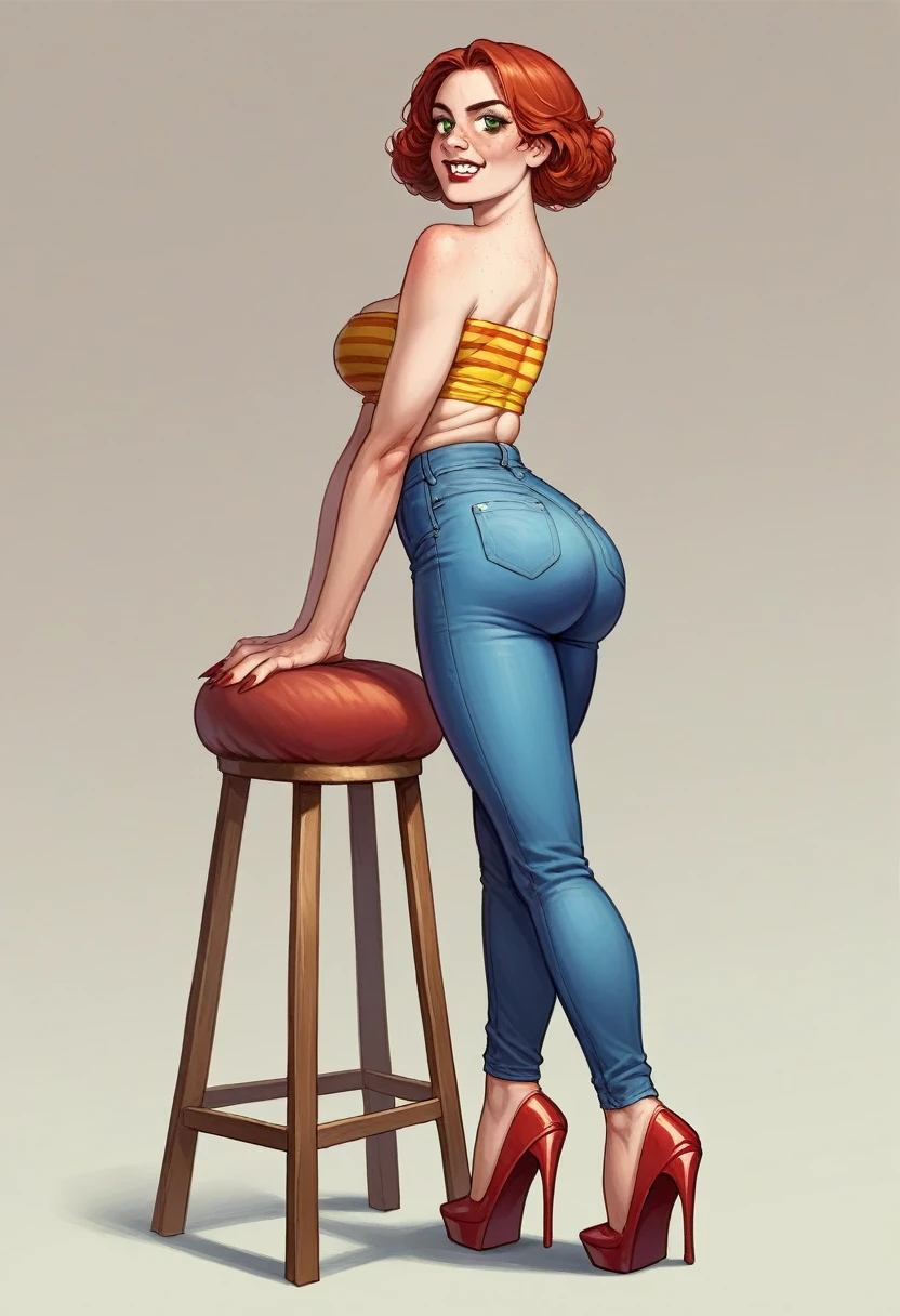 
photography of a 23yo Irish woman, green eyes, freckled ruddy light skin, roman nose, square jaw, short auburn red hair, big , tight ass, realistic, yellow striped tube top, cutoff blue jeans ragged at the edge bright red high heels, violet-red lipstick on wide smiley mouth showing white teeth, standing infront of a chair while a whoopee cushions lays there behind her on the chair, long violet-red fingernails.
