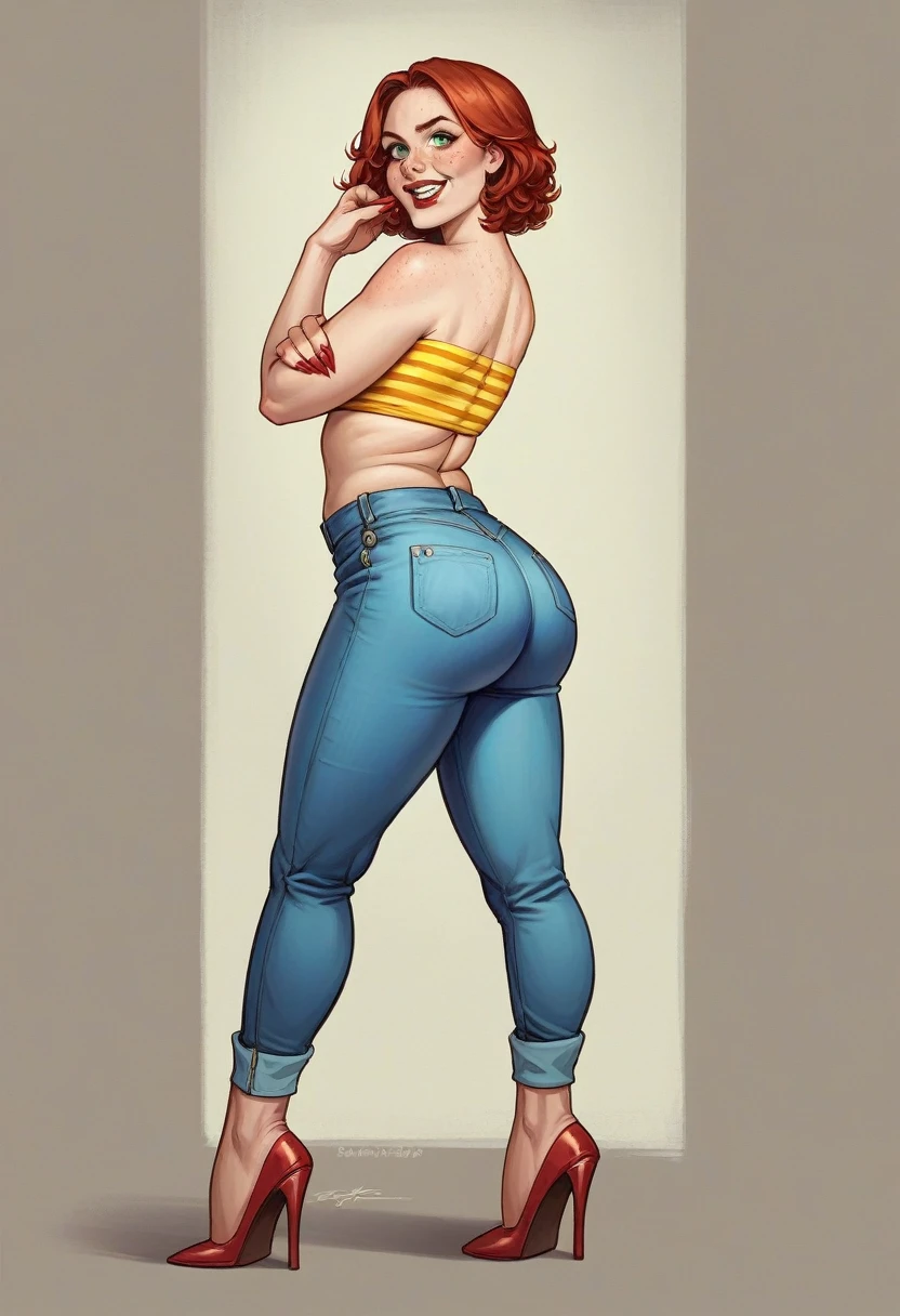photography of a 23yo Irish woman, green eyes, freckled ruddy light skin, roman nose, square jaw, short auburn red hair, big , tight ass, realistic, yellow striped tube top, cutoff blue jeans ragged at the edge bright red high heels, violet-red lipstick on wide smiley mouth showing white teeth, standing infront of a chair while a whoopee cushions lays there behind her on the chair, long violet-red fingernails.