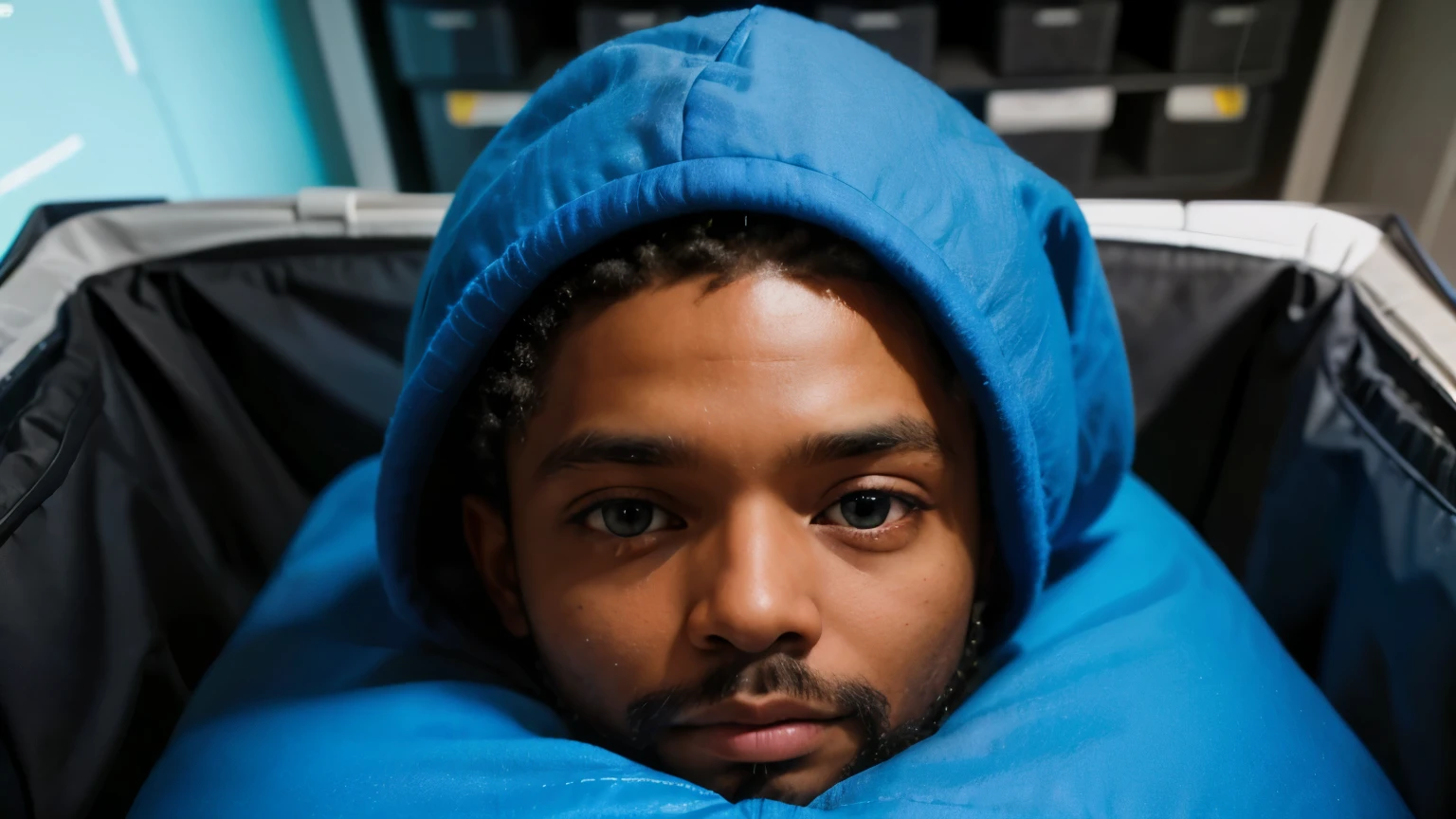 "A humble black father entering a small delivery room, eyes locking on his newborn wrapped in a blue blanket -ar 16:9"