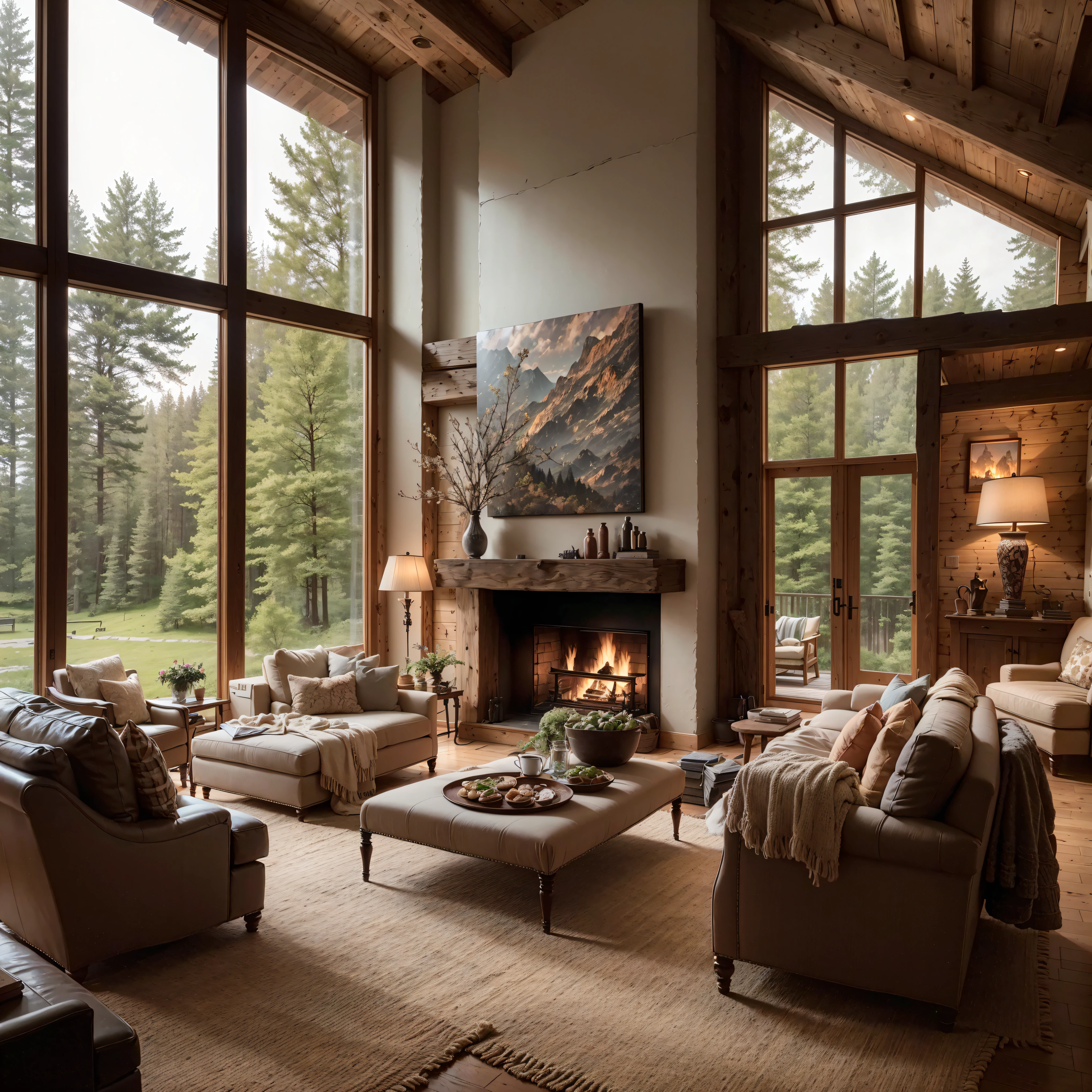 THIS EVENING WOODEN CABIN LIVING ROOM ANIME BACKGROUND, (COZY ATMOSPHERE), (SUBTLE LIGHTING), BRIGHT STONE FIREPLACE FIRE, LIONSKIN RUG THIS EVENING BEST QUALITY, TRANSPARENT GLASS WINDOWS