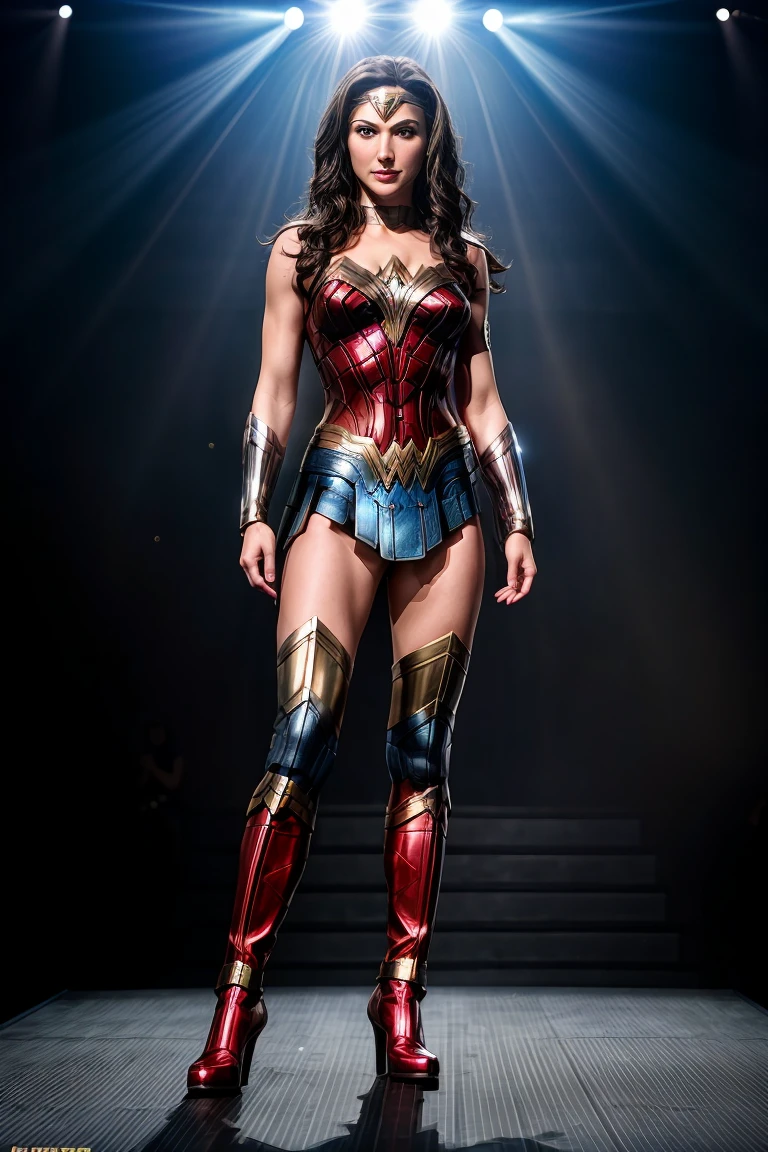 a woman in a costume is posing for a picture on an empty runway, full body photo((full body photo)), smirking smile, wonder woman, portrait of wonder woman, hybrid of lucy lawless and gal gadot, photo of the beauty lucy lawless and gal gadot hybrid dressed as wonder woman, in the style of w. scott forbes, drawn by w. scott forbes