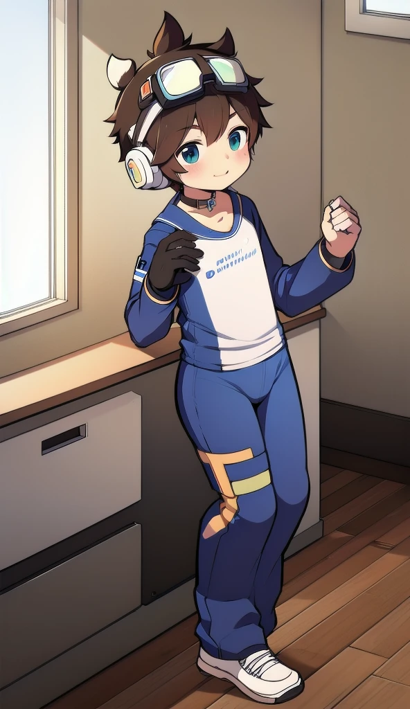 Two-dimensional boy，One-piece mountaineering suit，trumpet，Cow ears，Put the headphones on your head，stand up，goggles，sports shoes，Slim，Happy，Sailor collar，classroom