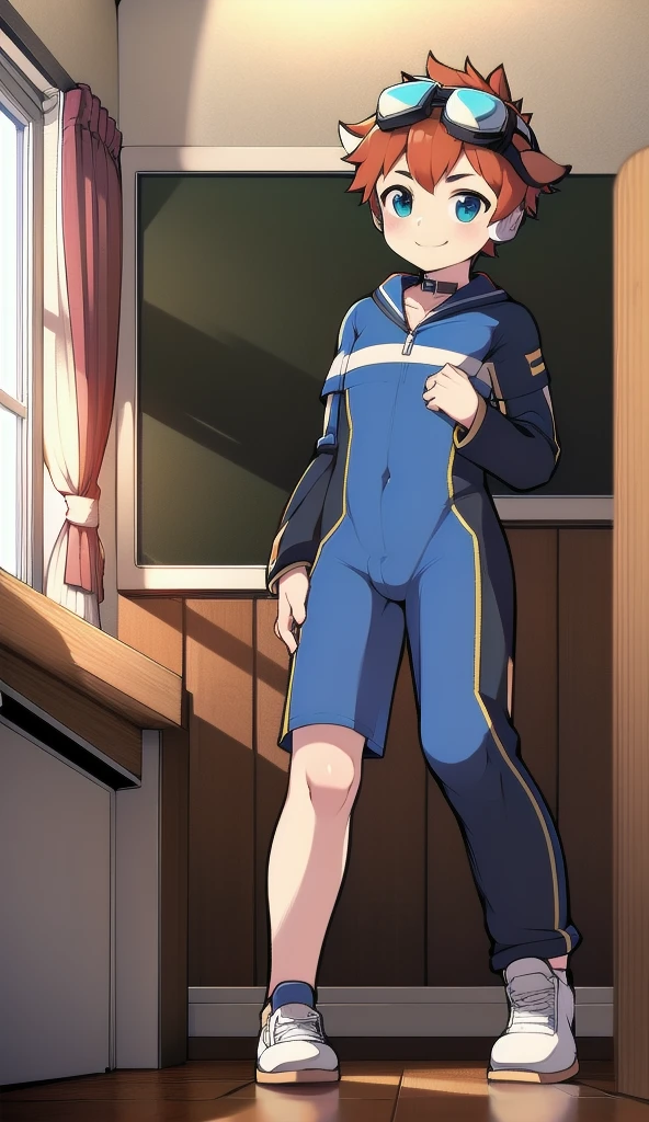 Two-dimensional boy,One-piece mountaineering suit,trumpet,Cow ears,Put the headphones on your head,stand up,goggles,sports shoes,Slim,Happy,Sailor collar,classroom
