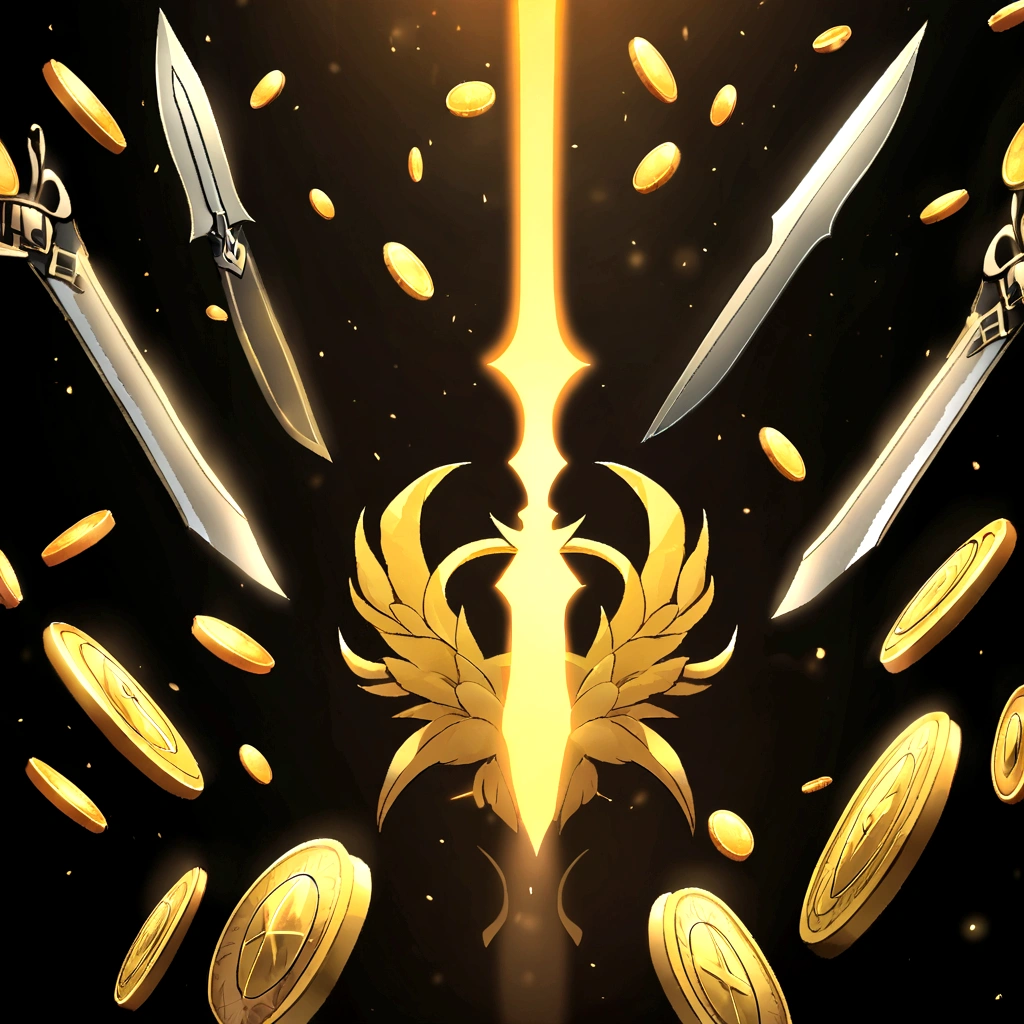 （UI interface design for game achievement badges），silver knife，Flat 2D effect，coins,Sword and magic, color yellow, black background