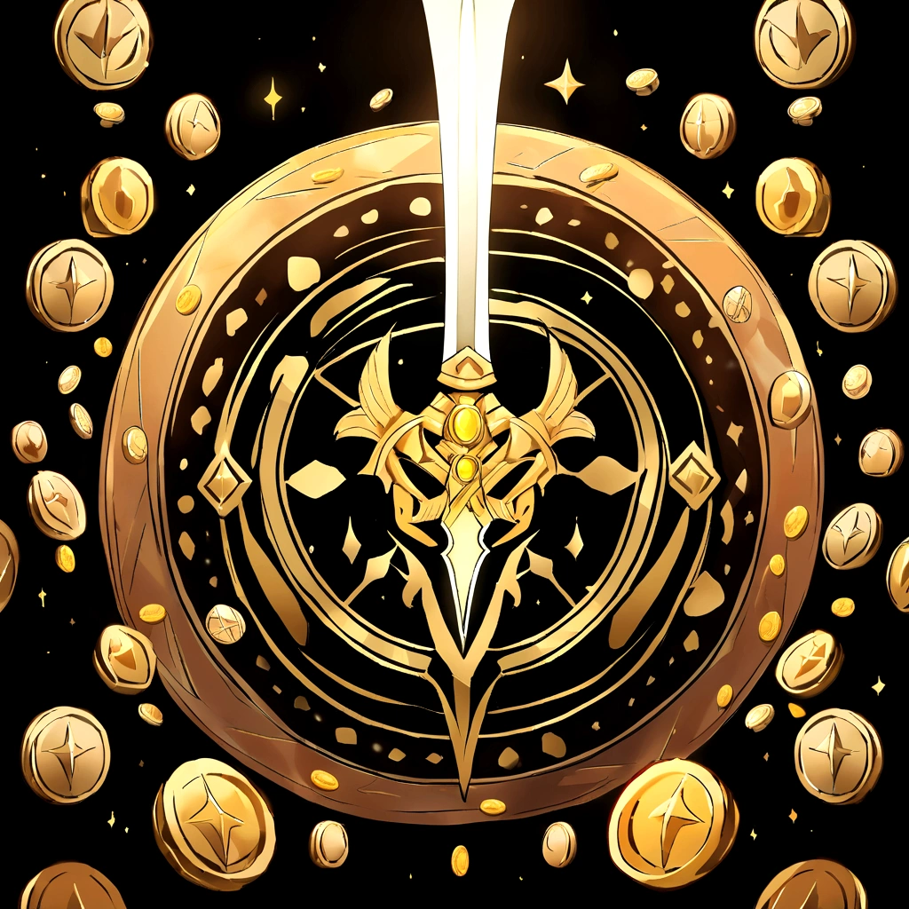 (UI interface design for game achievement badges),silver knife,Flat 2D effect,coins,Sword and magic, color yellow, black background