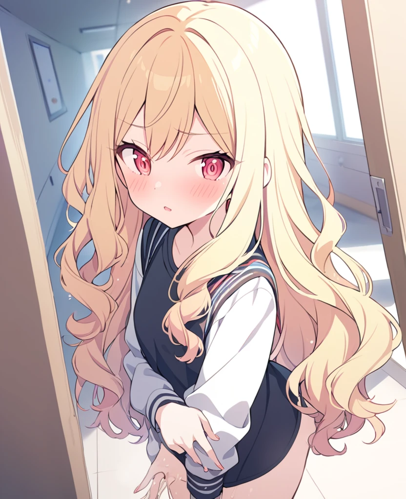 One girl,alone,Tenma Saki, body type,Yellow Hair,Red Eyes,project sekai,long hair,cute,cute,nsfw,shirt,corridor,Fingering,