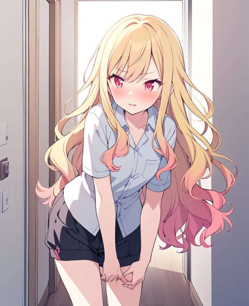 One girl,alone,Tenma Saki, body type,Yellow Hair,Red Eyes,project sekai,long hair,cute,cute,nsfw,shirt,corridor,Fingering,
