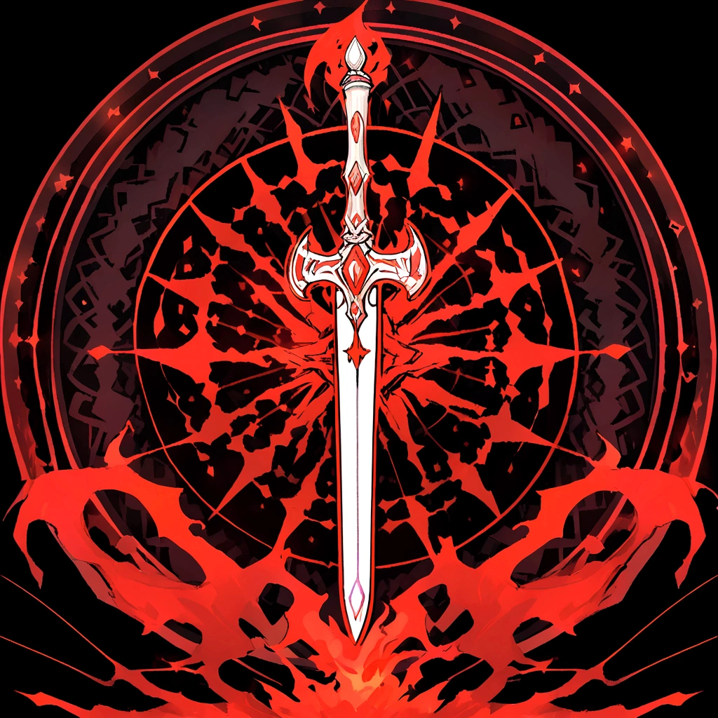 (UI interface design for game achievement badges),silver sword,Flat 2D effect,flames,Sword and magic, color red, black background