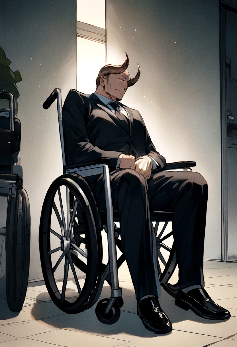 Man in a suit sleeping in a wheelchair , the man has horns, horrible scene