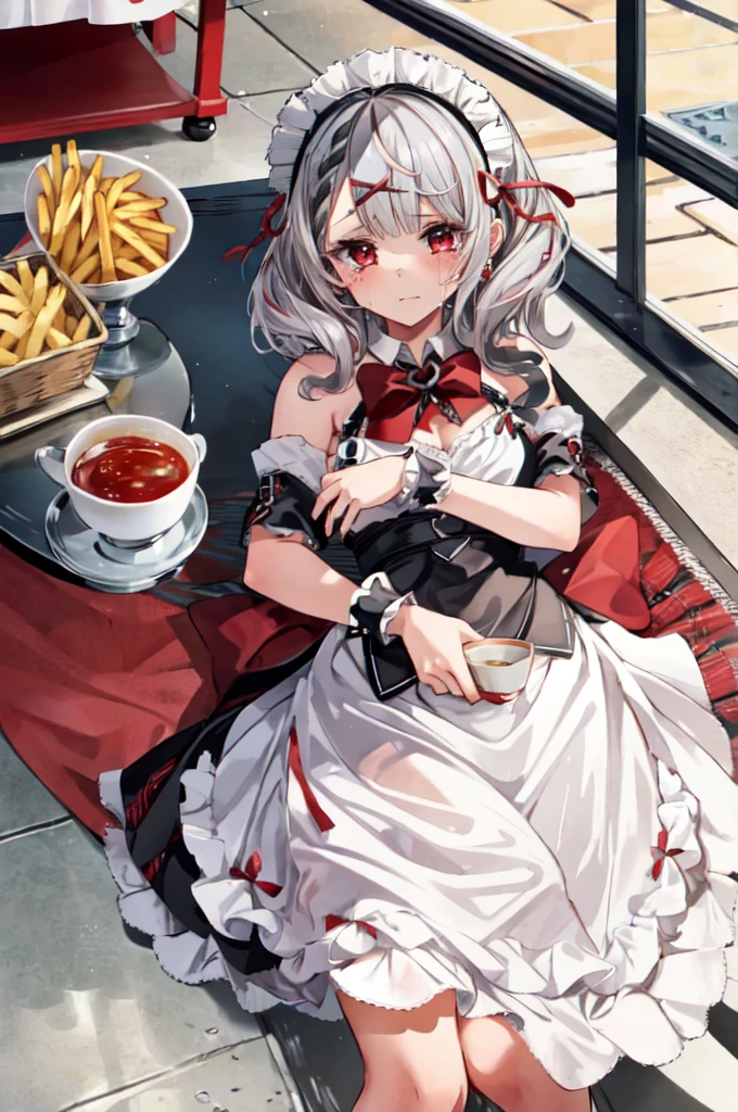 (masterpiece, best quality),  intricate details,
1girl, sakamata chloe, red eyes, silver hair, , maid, maid headdress, wrist cuffs, maid apron, lying, tears, on stomach, food, spill, crying, shadow, tearing up, on floor, cup, french fries,