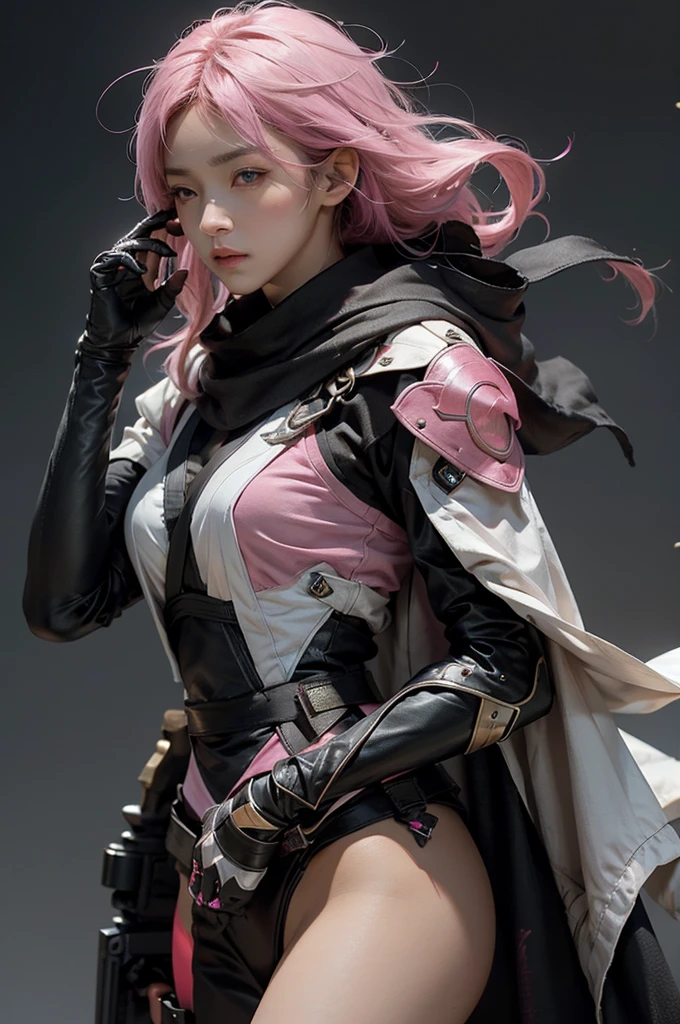 Female Assassin Pink and Black Cloth design, detailed fabrics, Whole Body, on white background (natural skin texture, hyperrealism, soft light, sharp)