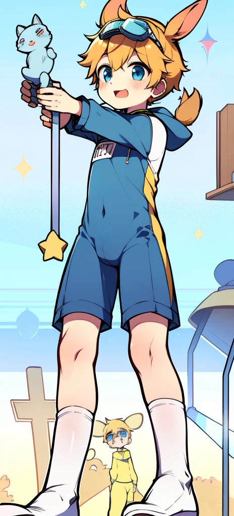 穿着蓝色潜水服和Goggles在海滩上,Cute boy, is wearing a swimsuit, wet swimsuit, yanjun chengt, swimsuit, young swimsuit, lycra clothing, closed swimsuit,((A young boy)),(Youthful feeling),One-piece mountaineering suit,Slender figure,Healthy limbs,Goggles,Fingerless gloves,Cotton socks,Short sleeve,stand up,happy,Rabbit ears,Rabbit Tail,Cotton-padded clothes,zipper