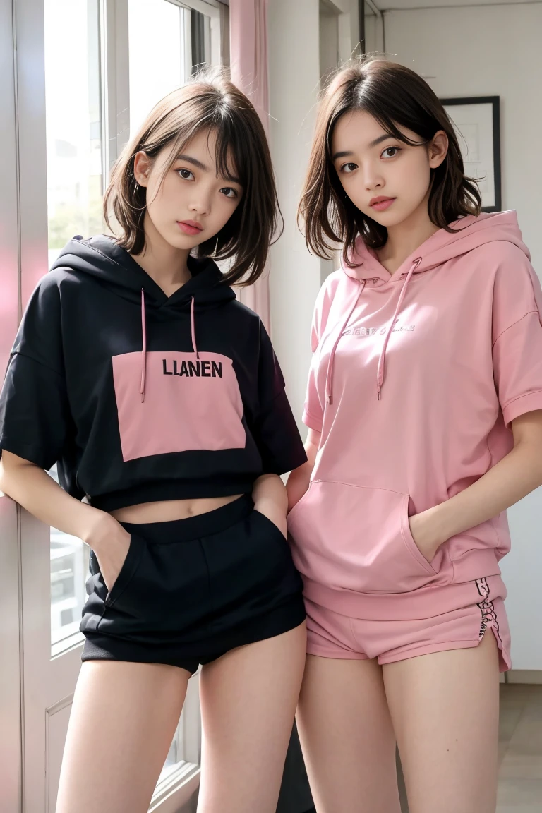 deux femmes ensemble de 18 ans sexy et mince , pink short sleeve hoodie , salle de classe, se touche,position sey,sensuel