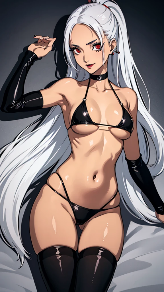 1girl, evil smile, red eyes, long hair, forehead, white hair, black choker, belly, medium breast, extreme micro bikini, black lipstick, black lipstick ear piercings, cowboy shot, armpits, lying bust up shot, thicc legs, wheatskin, loose hair, stockings