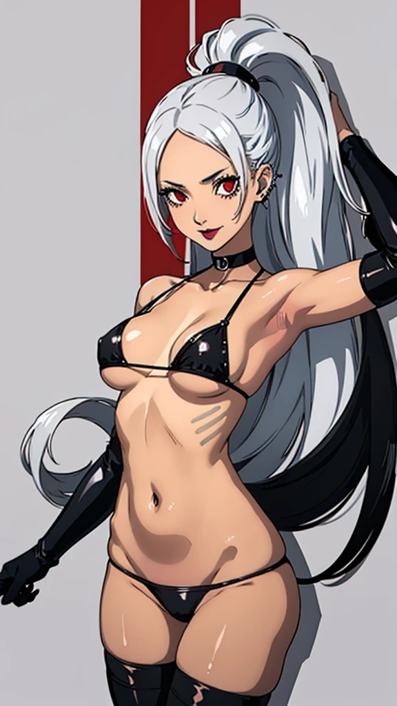1girl, evil smile, red eyes, long hair, forehead, white hair, black choker, belly, medium breast, extreme micro bikini, black lipstick, black lipstick ear piercings, cowboy shot, armpits, lying bust up shot, thicc legs, wheatskin, loose hair, stockings