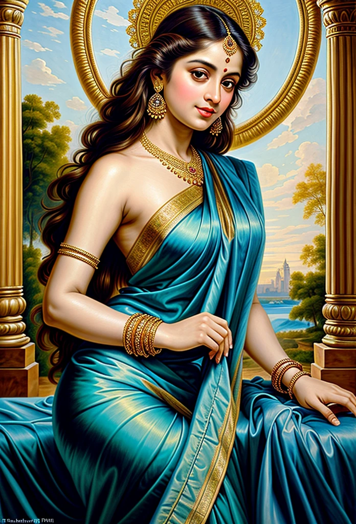 Looks like Jannat Zubair, Beautiful Indian Woman, wearing saree, sari Beauty, gorgeous, Apsara, Maharani, royal queen woman, nymph from Hindu Mythology, Urvashi, matchless beauty, Highly detailed, Oil Painting by Peter Paul Rubens inspired by Raja Ravi Varma, Matchless beauty, captivating, gorgeous, heavenly beauty, celestial beauty, by Peter Paul Rubens, 13, realistic, hyper realistic, micro details, incredible artwork, insane details, ultra High resolution, 8k, 32k, acrylic on canvas, intricate, flawless, detailed, detailed face, detailed eyes, masterpiece, by Peter Paul Rubens, by Caravaggio, by William Adolphe bouguereau, perfect face, perfect body, beautiful art, realism, baroque, renaissance Art, highly textured, beautiful and detailed eyes, uhd, best quality,
