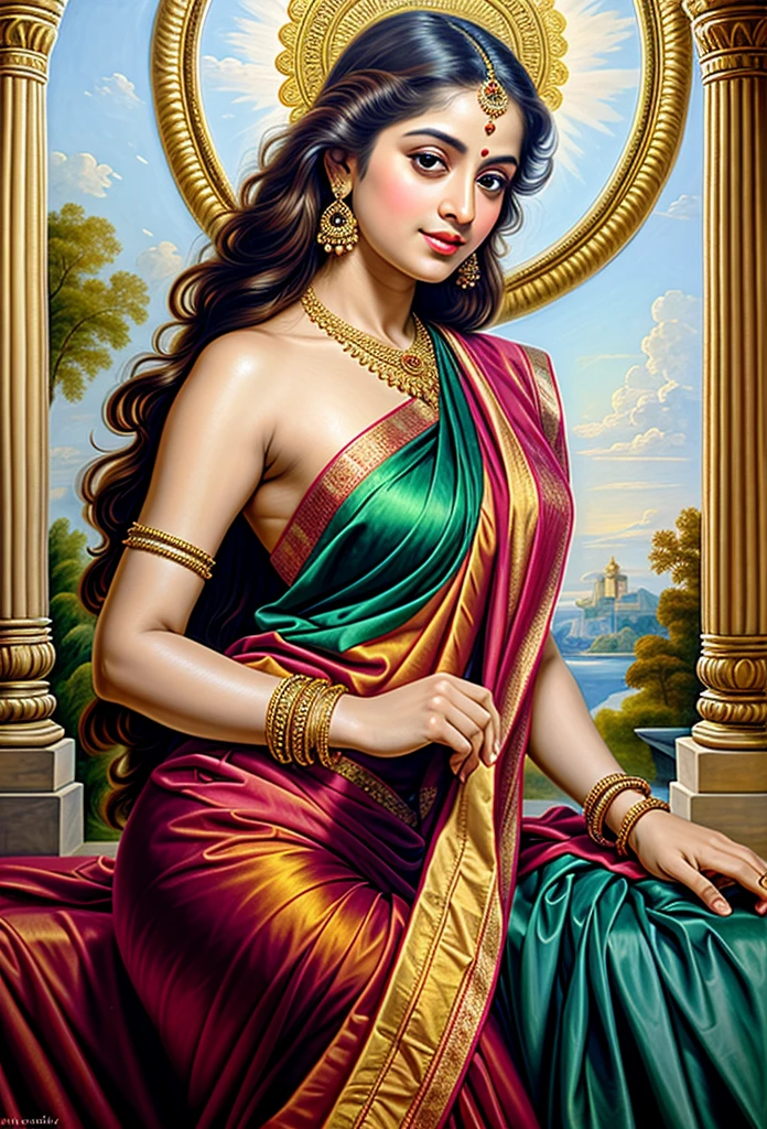 Looks like Jannat Zubair, Beautiful Indian Woman, wearing saree, sari Beauty, gorgeous, Apsara, Maharani, royal queen woman, nymph from Hindu Mythology, Urvashi, matchless beauty, Highly detailed, Oil Painting by Peter Paul Rubens inspired by Raja Ravi Varma, Matchless beauty, captivating, gorgeous, heavenly beauty, celestial beauty, by Peter Paul Rubens, 13, realistic, hyper realistic, micro details, incredible artwork, insane details, ultra High resolution, 8k, 32k, acrylic on canvas, intricate, flawless, detailed, detailed face, detailed eyes, masterpiece, by Peter Paul Rubens, by Caravaggio, by William Adolphe bouguereau, perfect face, perfect body, beautiful art, realism, baroque, renaissance Art, highly textured, beautiful and detailed eyes, uhd, best quality,
