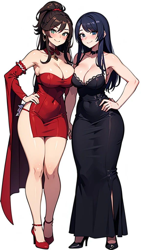 two sexy women, flirtatious smiles, various hairstyles, housewife outfits, fully white background, full body