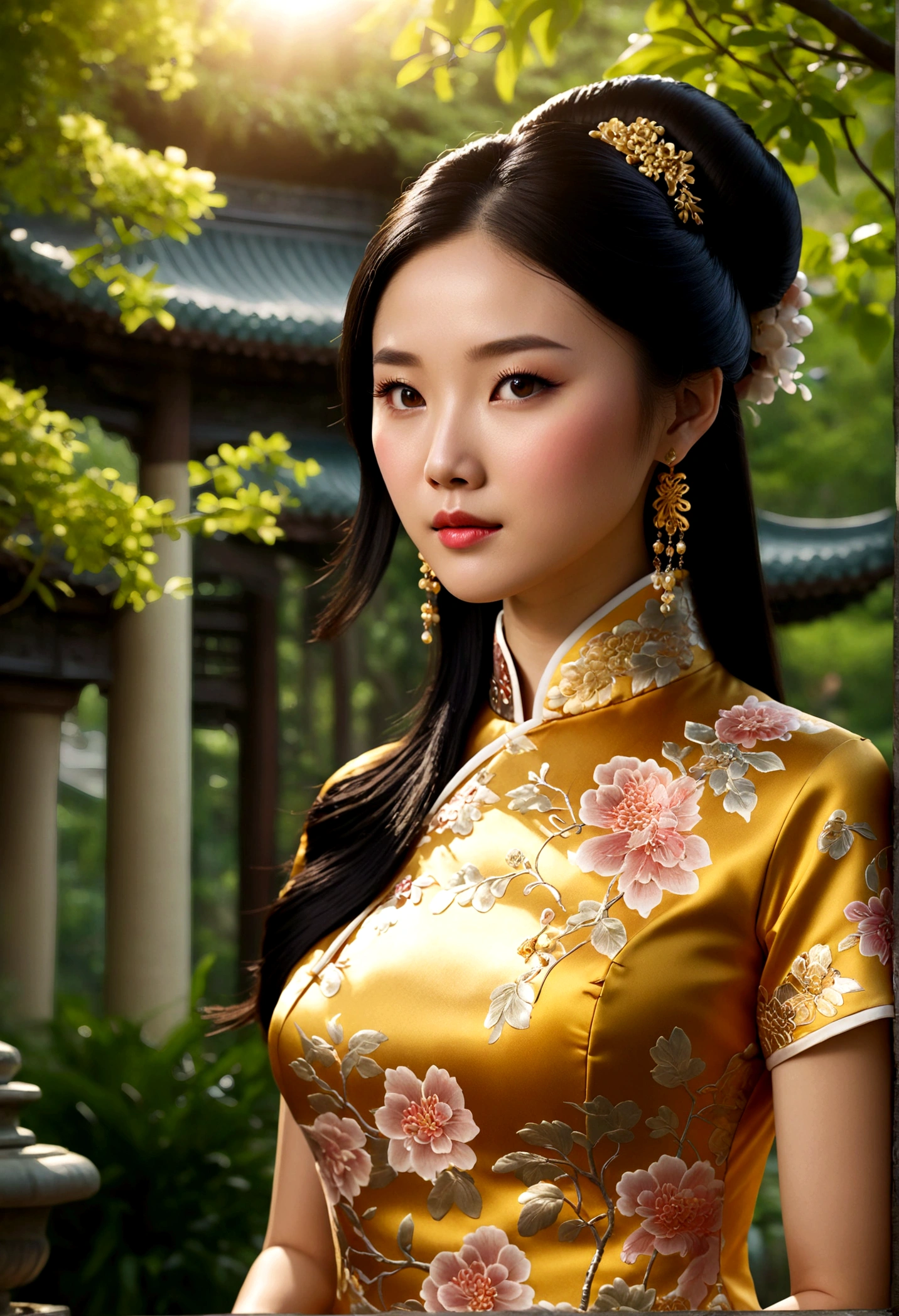 1girl, Cheongsam, Qipao, A woman wearing a beautiful gold cheongsam, long black hair, elegant, graceful pose, detailed facial features, glowing skin, ornate jewelry, outdoor garden setting, sunlight filtering through trees, lush greenery, intricate floral patterns, cinematic lighting, highly detailed, 8k, masterpiece, best quality, very aesthetic, absurdres