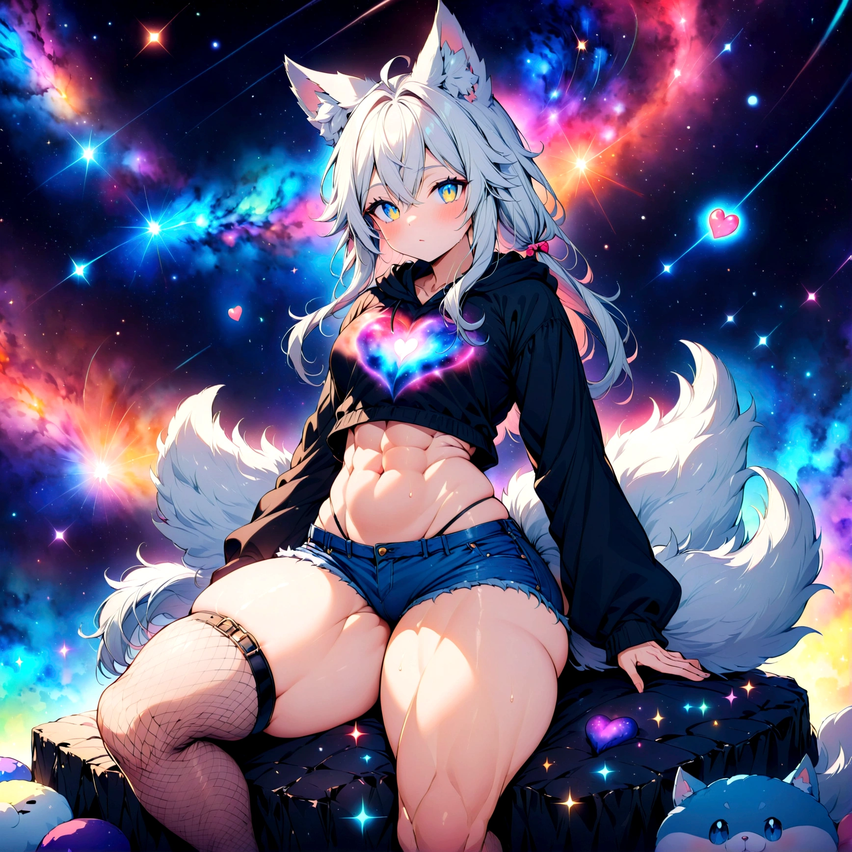a cute adult male with wolf ears, long white hair, long locks, has a wolf tail, wearing a loose cropped black hoodie, wearing a pair of denim short shorts and fishnet stockings, thick thighs, wide hips, relaxing on mound of fluffy multi colored kawaii plushies, short, very slim, showing slender tummy, heart on hoodie, squishy thighs, has glowing blue eyes. alone, solo (ALONE)(SOLO), colorful galaxy backround