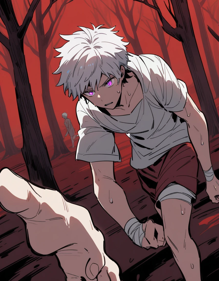 white haired greek boy, with violet eyes, with bandaged wrists all sweaty and running barefoot alone in a red forest with dead trees