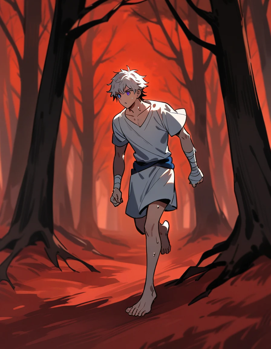 white haired greek boy, with violet eyes, with bandaged wrists all sweaty and running barefoot alone in a red forest with dead trees