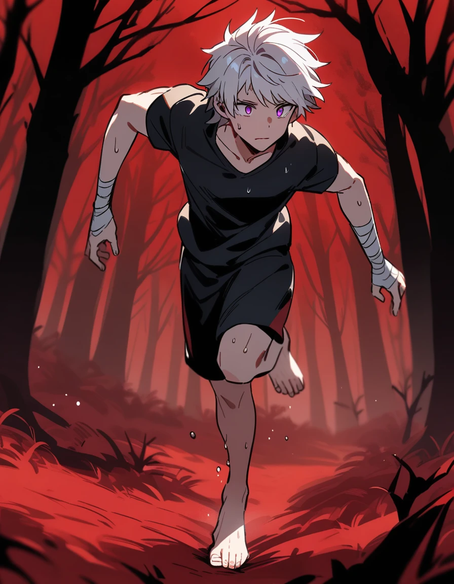 white haired greek boy, with violet eyes, with bandaged wrists all sweaty and running barefoot alone in a red forest with dead trees