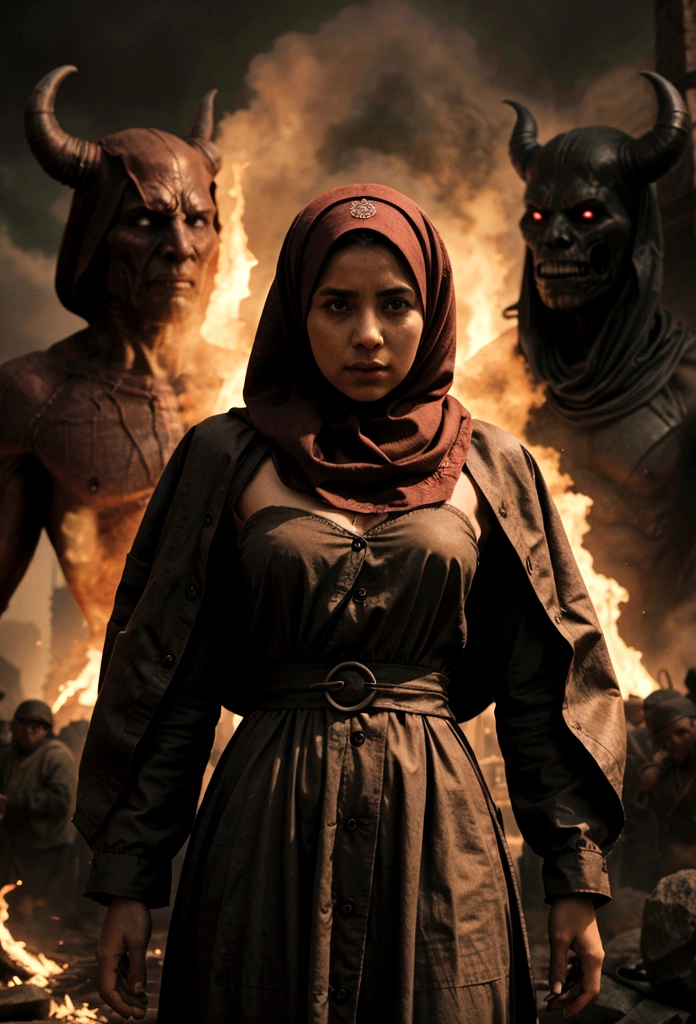 a female with headscarf is standing in front of a Giant Demon, cinematic look,