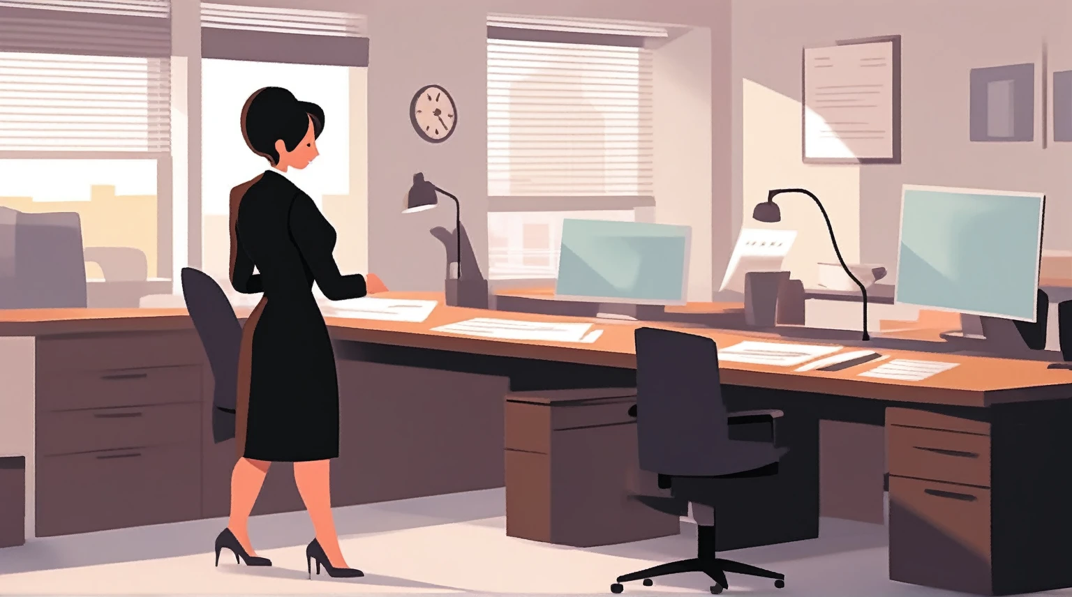 secratary at the boss office wearing a black dress
